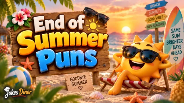 End of Summer Puns featured image with a cheerful sun mascot on a colorful beach at sunset