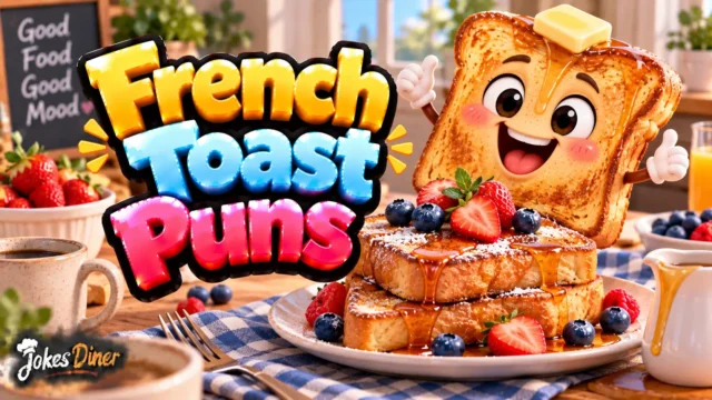 French Toast Puns featured image with a cheerful toast mascot, syrup, berries, and brunch foods