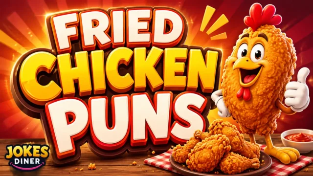 Fried chicken puns featured image with crispy chicken and a cheerful chicken mascot