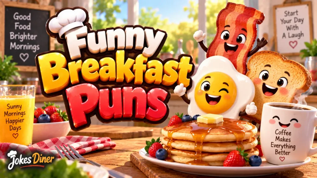 Funny Breakfast Puns featured image with cheerful breakfast foods, pancakes, eggs, toast, and coffee