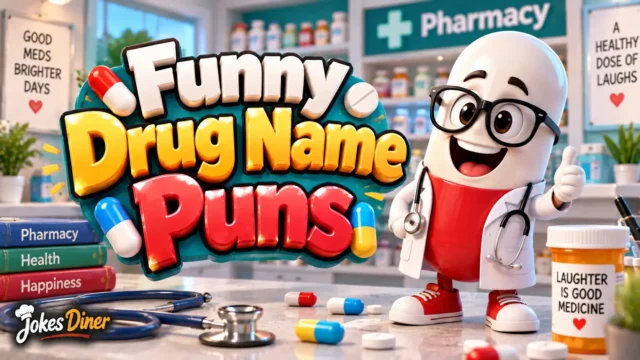 Funny Drug Name Puns featured image with a cheerful pill mascot in a colorful pharmacy