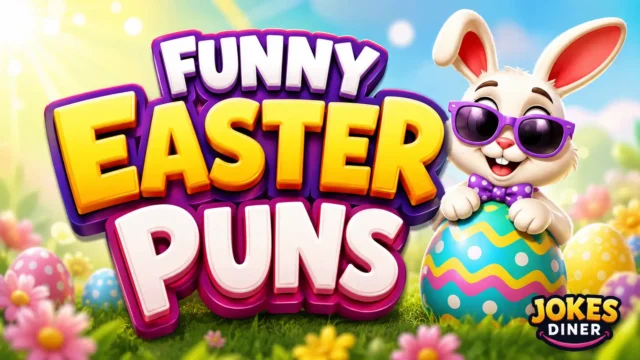 Funny Easter Puns featured image with a colorful Easter bunny and decorated egg