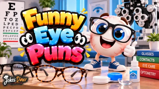 Funny Eye Puns featured image with a cheerful bespectacled eye mascot in an optometry clinic