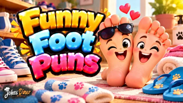 Funny Foot Puns featured image with cheerful foot mascots wearing sunglasses