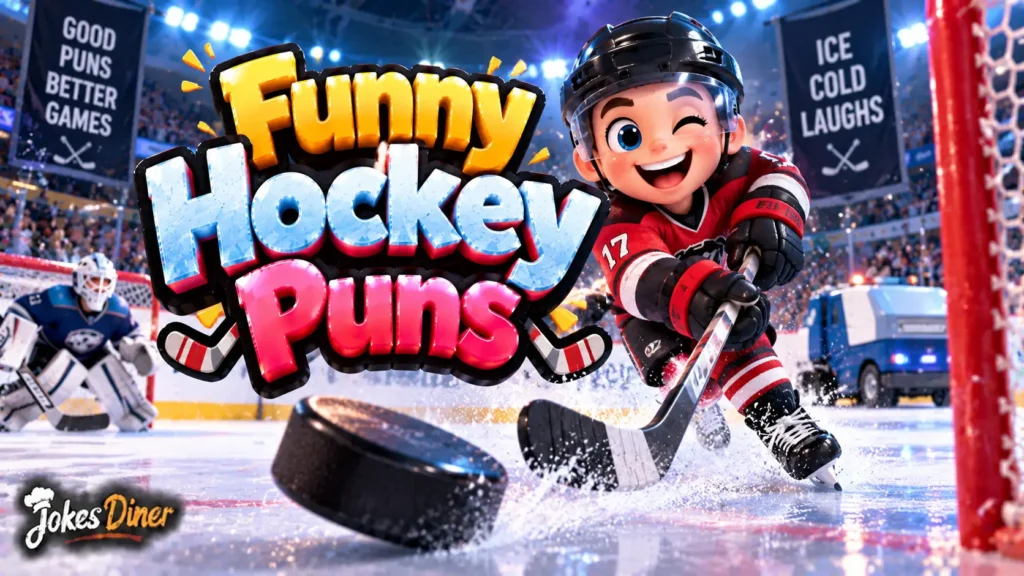 Funny Hockey Puns featured image with a cheerful hockey player, puck, goalie, and ice rink