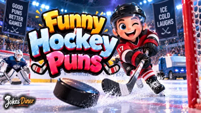 Funny Hockey Puns featured image with a cheerful hockey player, puck, goalie, and ice rink