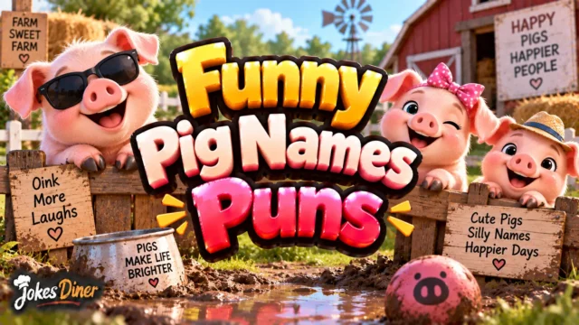 Funny Pig Names Puns featured image with cheerful piglets on a sunny farm