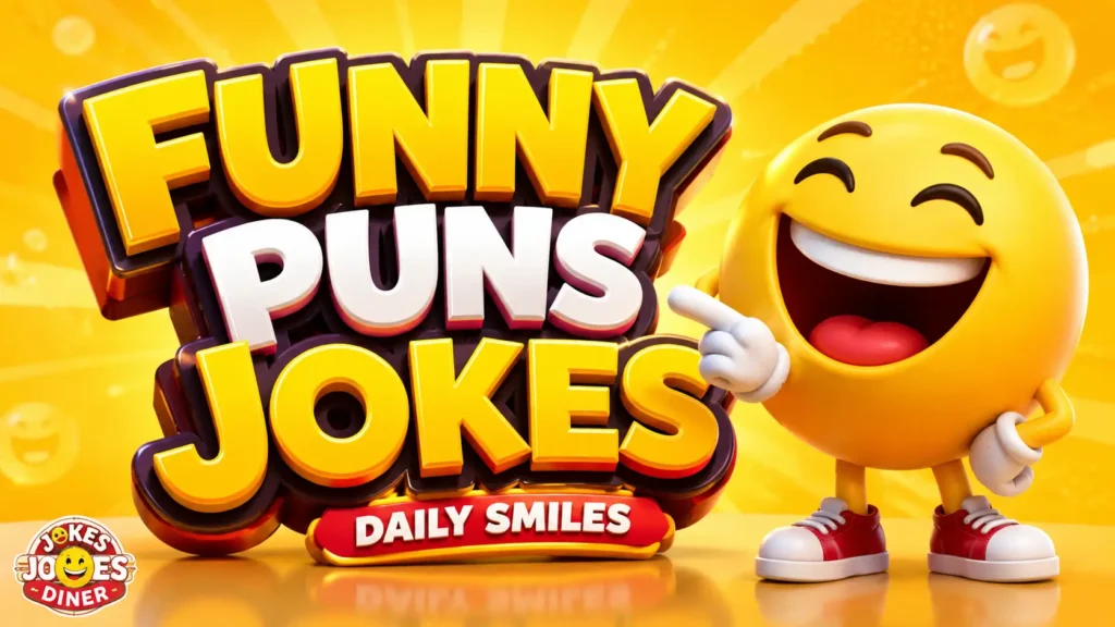 Funny Puns Jokes featured image with a cheerful laughing mascot