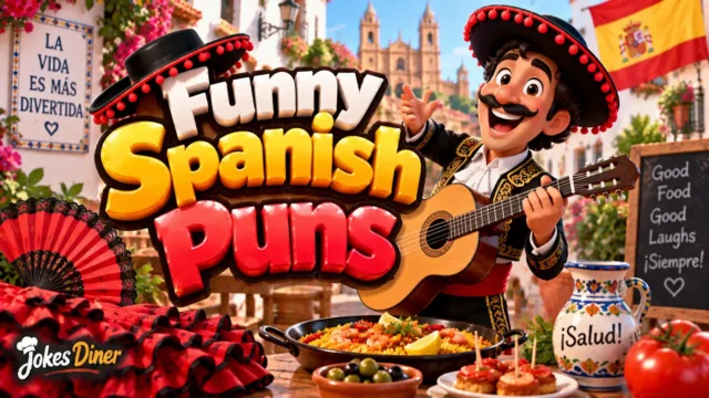 Funny Spanish Puns featured image with a guitarist, paella, Spanish flag, and colorful plaza