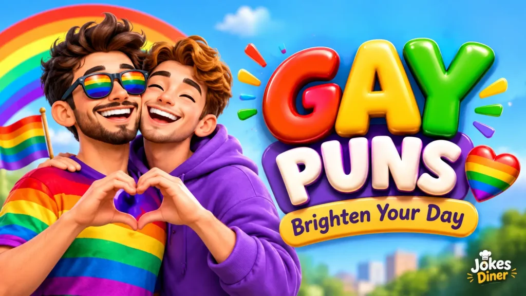 Gay Puns thumbnail with a joyful couple, rainbow heart, and colorful 3D typography