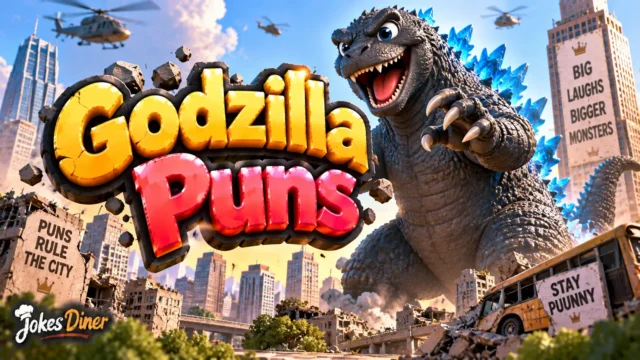 Godzilla Puns featured image with a giant monster, city skyline, rubble, and dramatic blue spikes
