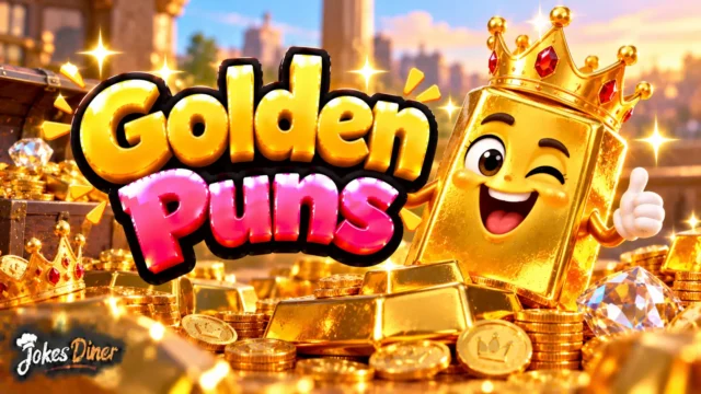 Golden Puns featured image with a crowned gold bar, coins, diamonds, and sparkling treasure