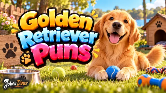 Golden Retriever Puns featured image with a cheerful golden retriever in a sunny backyard