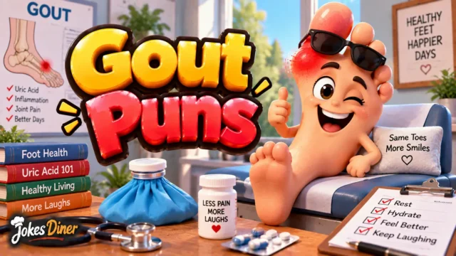 Gout Puns featured image with a cheerful foot mascot in a colorful clinic