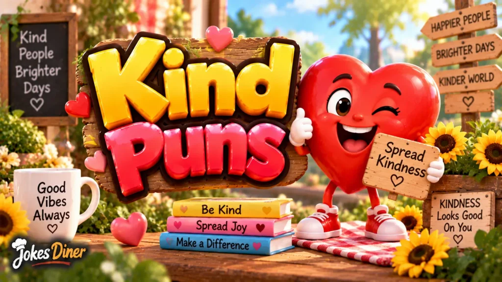 Kind Puns featured image with a cheerful heart mascot, sunflowers, and a bright garden setting