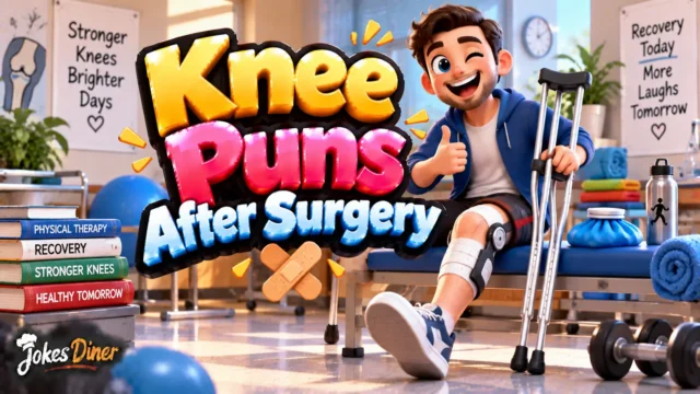 Knee Puns After Surgery featured image with a cheerful knee mascot, crutches, and ice pack