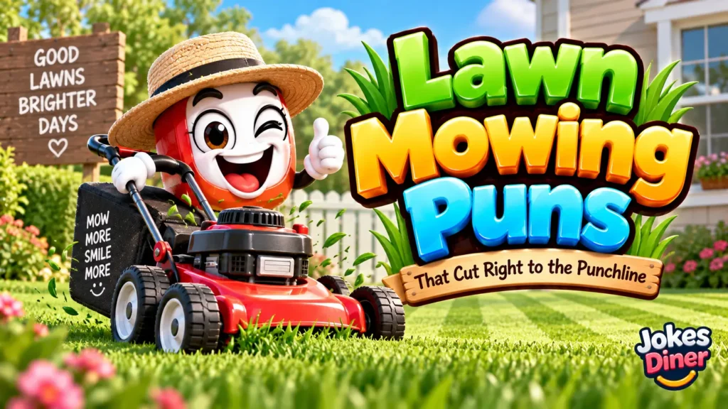 Lawn Mowing Puns featured image with a cheerful mower mascot and bold glossy 3D lettering