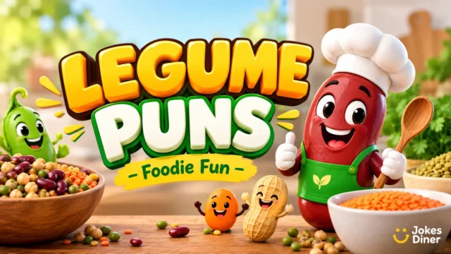 Colorful bean chef mascot with bold Legume Puns 3D text