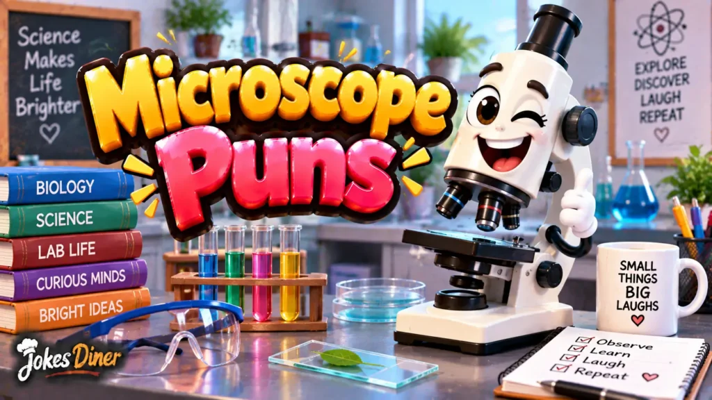 Microscope Puns featured image with a cheerful microscope mascot and colorful science lab