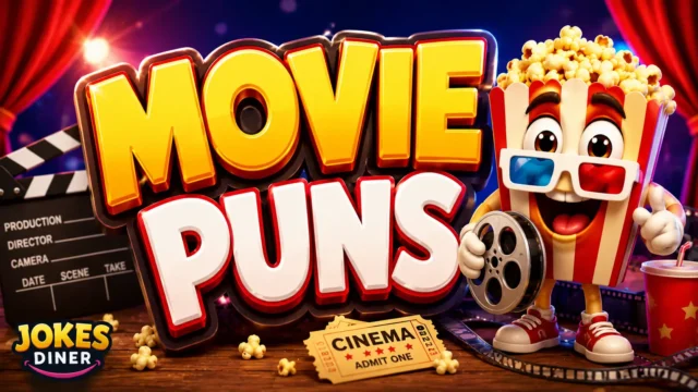 Movie puns featured image with a cheerful popcorn mascot, film reel, and cinema backdrop