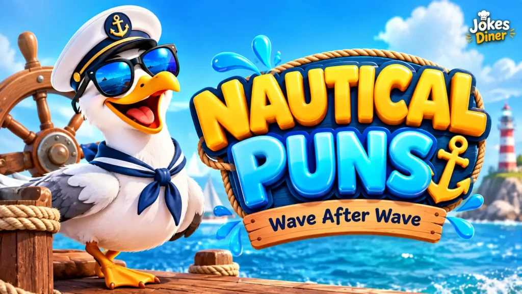 Nautical Puns thumbnail with a cheerful sailor seagull, anchor, ocean, and bold 3D lettering