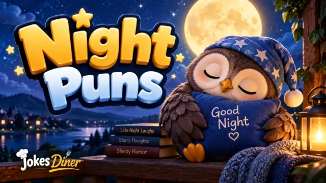 Night Puns featuring a sleepy owl in a nightcap beneath a glowing moon and starry sky
