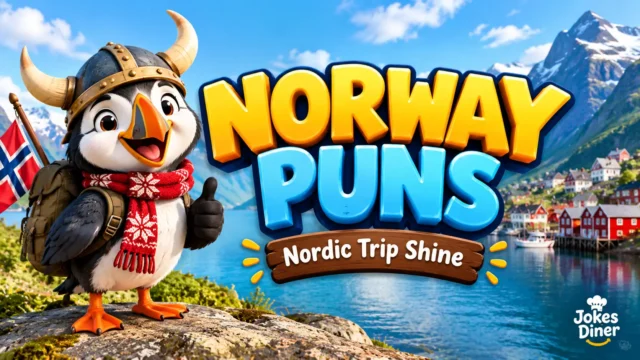 Colorful Norway Puns thumbnail with a cheerful Viking puffin and Norwegian fjord.