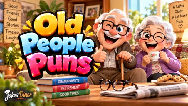 Old People Puns featured image with a cheerful elderly couple, books, tea, and cozy home details
