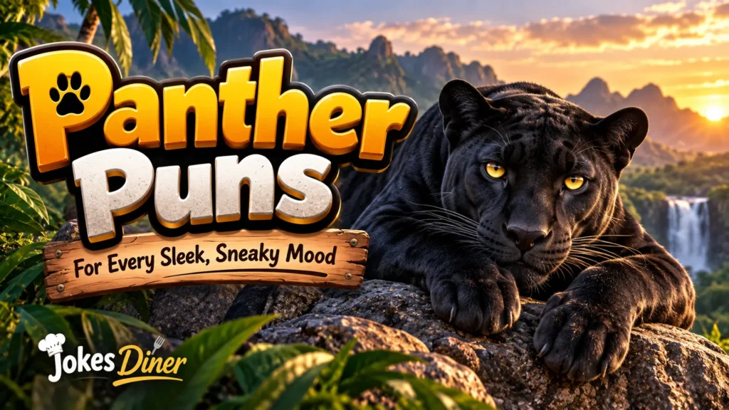 Panther Puns featuring a sleek black panther on a rocky jungle ledge at sunset