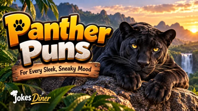 Panther Puns featuring a sleek black panther on a rocky jungle ledge at sunset