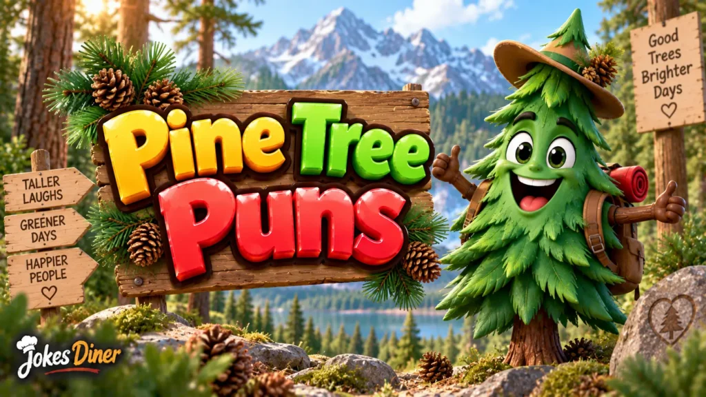 Pine Tree Puns featured image with a cheerful hiking tree mascot in a sunny mountain forest