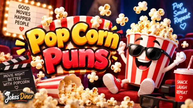 Pop Corn Puns featured image with a cheerful popcorn mascot in a movie theater