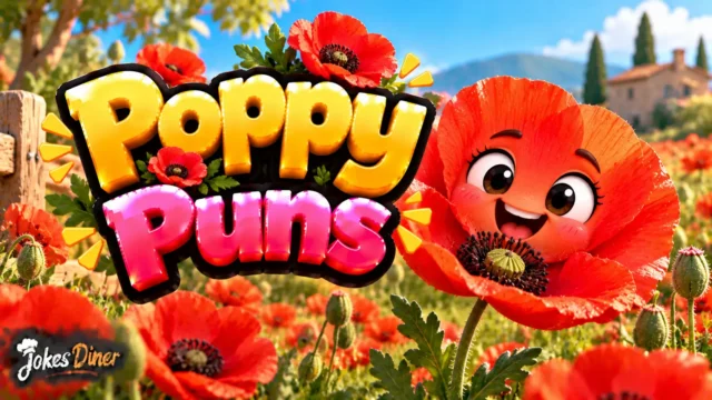 Poppy Puns featured image with bright red poppies, a cheerful flower mascot, and a sunny garden