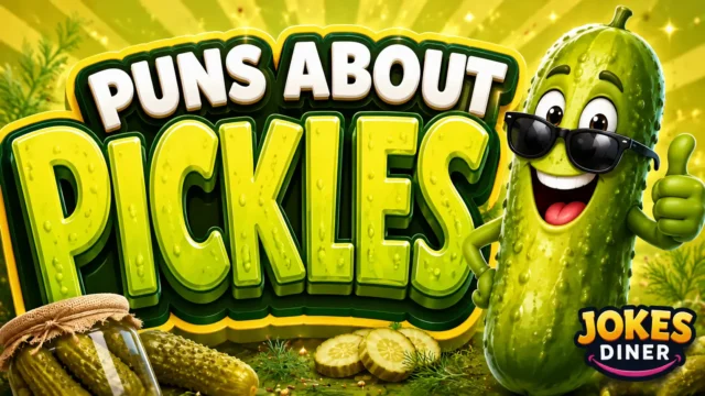 Puns About Pickles featured image with a cheerful pickle mascot and fresh dill