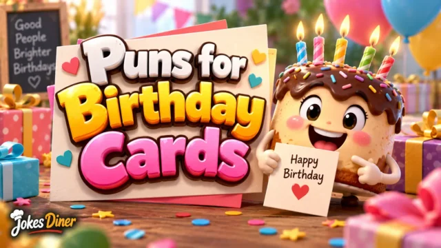 Puns for Birthday Cards featured image with a cheerful cake mascot and colorful birthday gifts