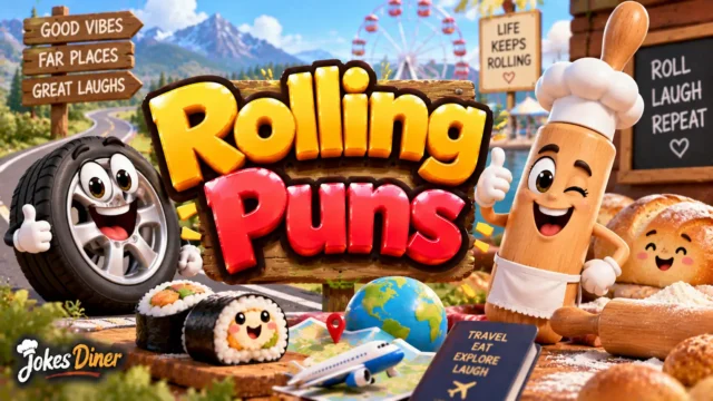 Rolling Puns featured image with a cheerful tire, rolling pin, sushi, and travel-themed props