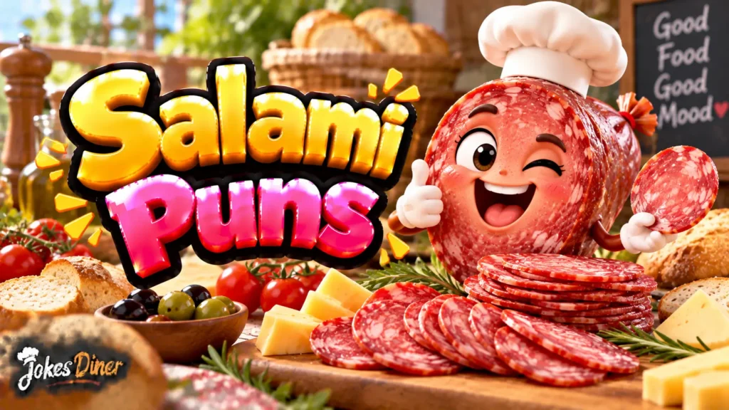 Salami Puns featured image with a cheerful salami mascot, cheese, bread, olives, and tomatoes