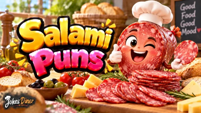 Salami Puns featured image with a cheerful salami mascot, cheese, bread, olives, and tomatoes
