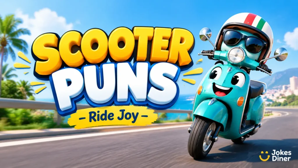 Vibrant scooter mascot with bold 3D Scooter Puns text on a sunny coastal road