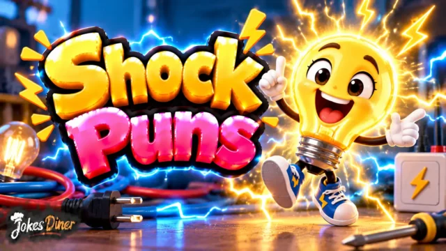 Shock Puns featured image with a cheerful lightbulb mascot and electric lightning effects