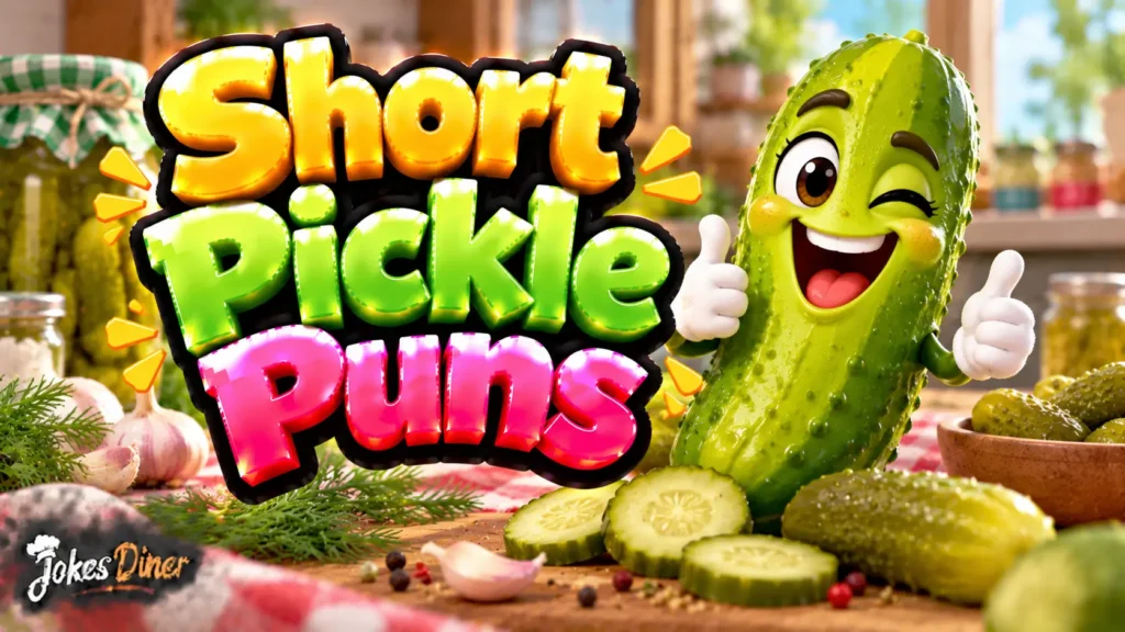 Short Pickle Puns featured image with a cheerful pickle mascot and crunchy pickle slices