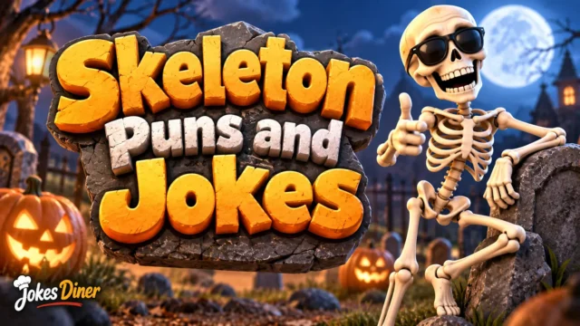 Skeleton Puns and Jokes featured image with a smiling skeleton in a spooky graveyard