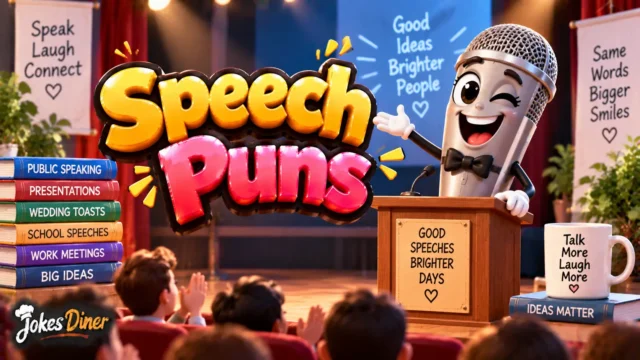 Speech Puns featured image with a cheerful microphone mascot on a speaking stage