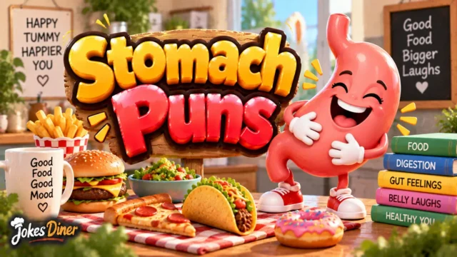 Stomach Puns featured image with a cheerful stomach mascot and colorful food