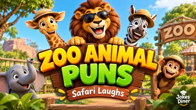 Colorful Zoo Animal Puns thumbnail with cheerful safari animals.