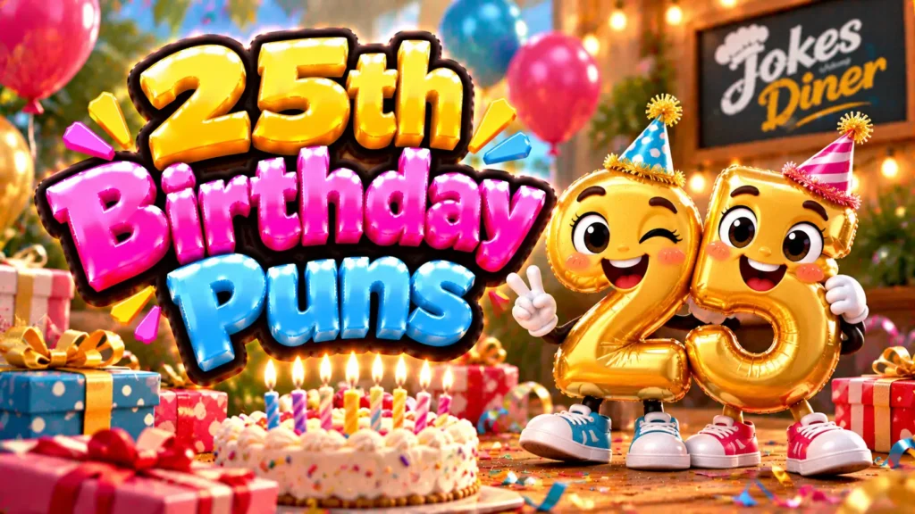 25th Birthday Puns featured image with smiling gold number mascots, a birthday cake, balloons, and gifts