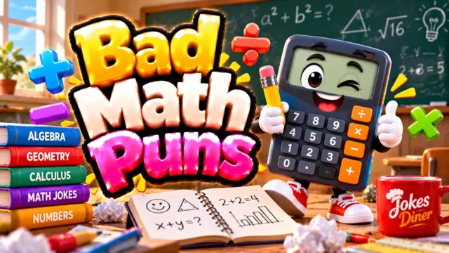 Bad Math Puns featured image with a cheerful calculator mascot, math symbols, and colorful schoolbooks