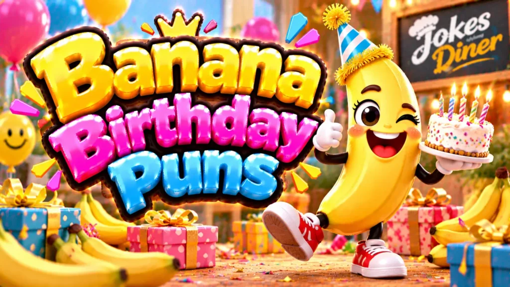 Banana Birthday Puns featured image with a cheerful banana mascot, birthday cake, balloons, and gifts