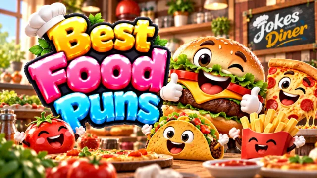Best Food Puns featured image with smiling burger, pizza, taco, fries, and tomato mascots in a colorful diner