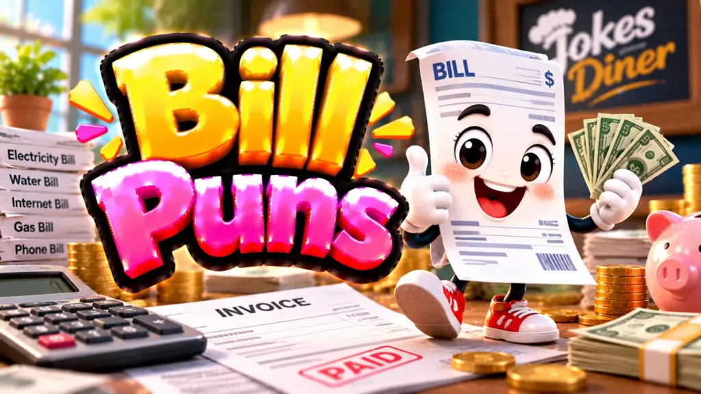 Bill Puns featured image with a cheerful invoice mascot, cash, coins, bills, and a calculator